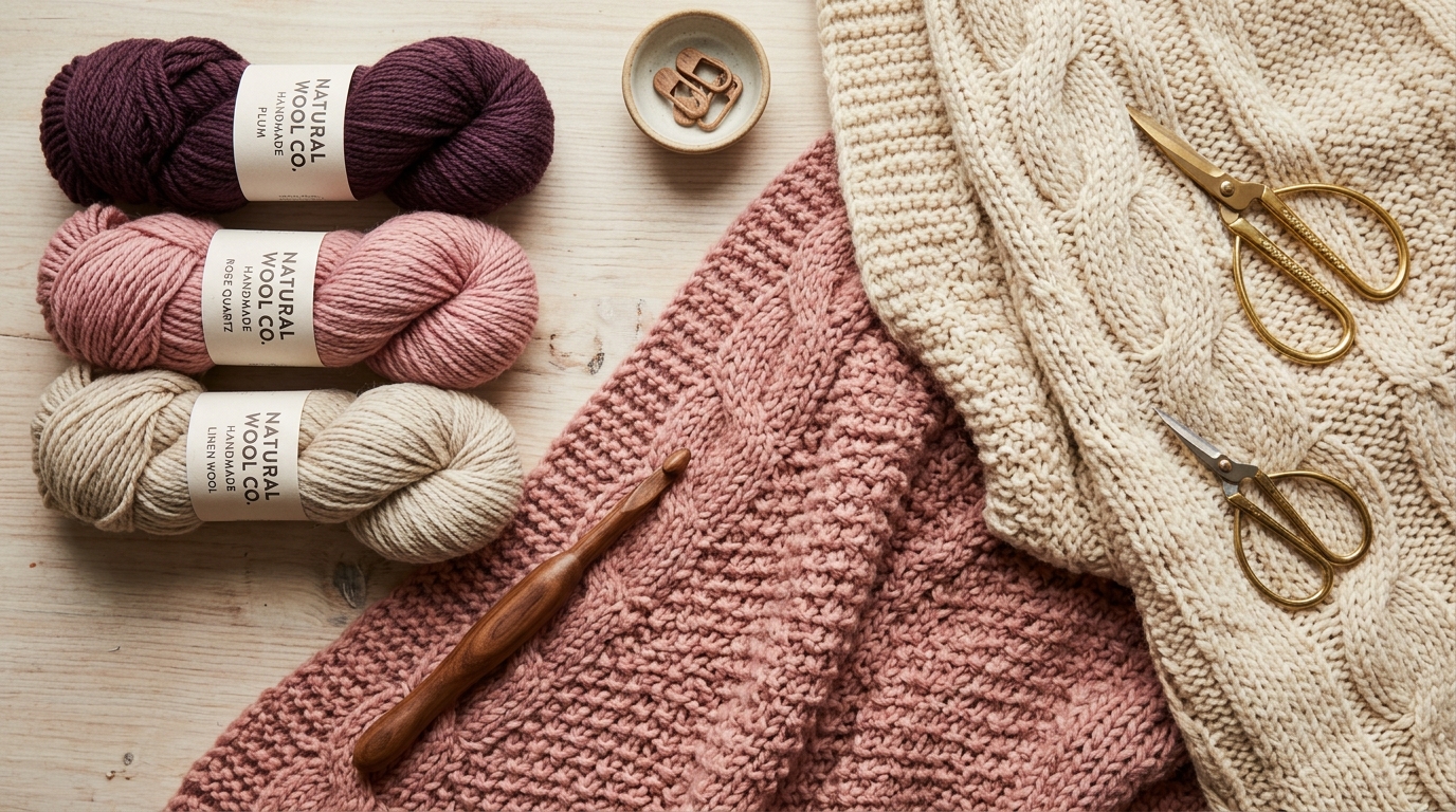 Cozy knitted wool blanket texture and yarn skeins